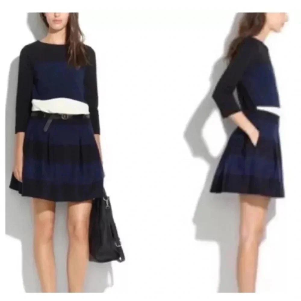 Madewell Mayle Blue Black Striped Wool‎ Blend Pleated Skirt Womens Size 6